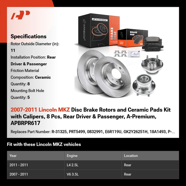 2007-2011 Lincoln MKZ Disc Brake Rotors and Ceramic Pads Kit with Calipers, 8 Pcs, Rear Driver & Passenger, A-Premium, APBRPR617
