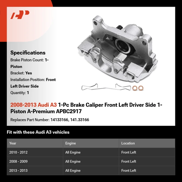 2008-2013 Audi A3 1-Pc Brake Caliper Front Left Driver Side 1-Piston A-Premium APBC2917