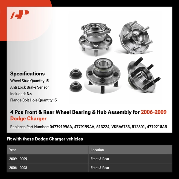 4 Pcs Front & Rear Wheel Bearing & Hub Assembly for 2006-2009 Dodge Charger