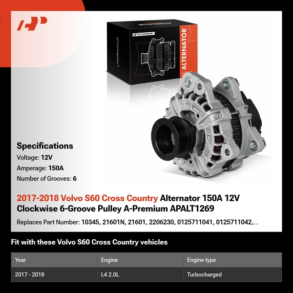 2017-2018 Volvo S60 Cross Country Alternator 150A 12V Clockwise 6-Groove Pulley A-Premium APALT1269