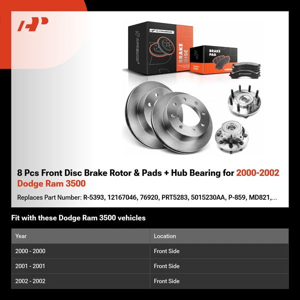 8 Pcs Front Disc Brake Rotor & Pads + Hub Bearing for 2000-2002 Dodge Ram 3500