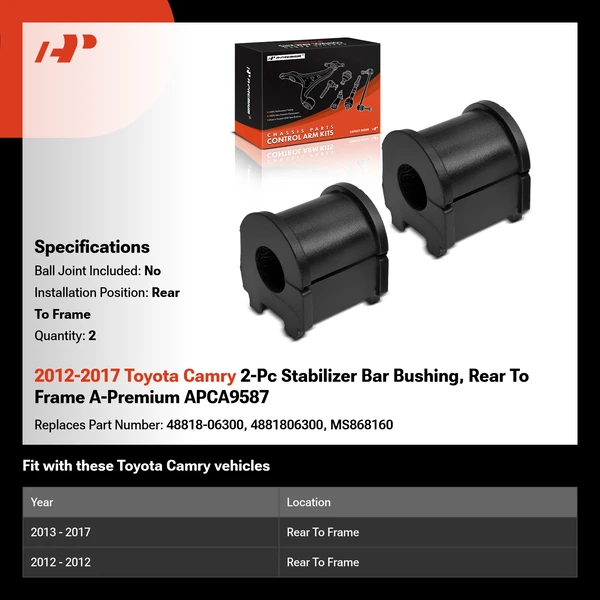 2012-2017 Toyota Camry 2-Pc Stabilizer Bar Bushing, Rear To Frame A-Premium APCA9587