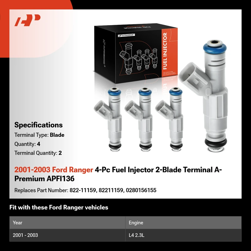 2001-2003 Ford Ranger 4-Pc Fuel Injector 2-Blade Terminal A-Premium APFI136