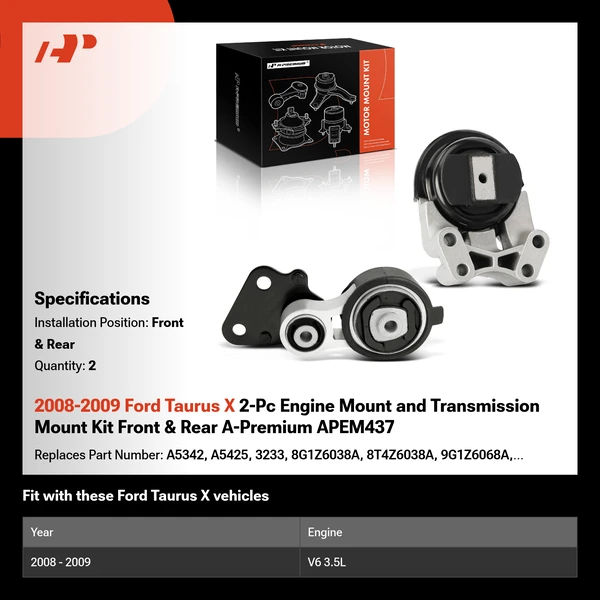 2008-2009 Ford Taurus X 2-Pc Engine Mount and Transmission Mount Kit Front & Rear A-Premium APEM437