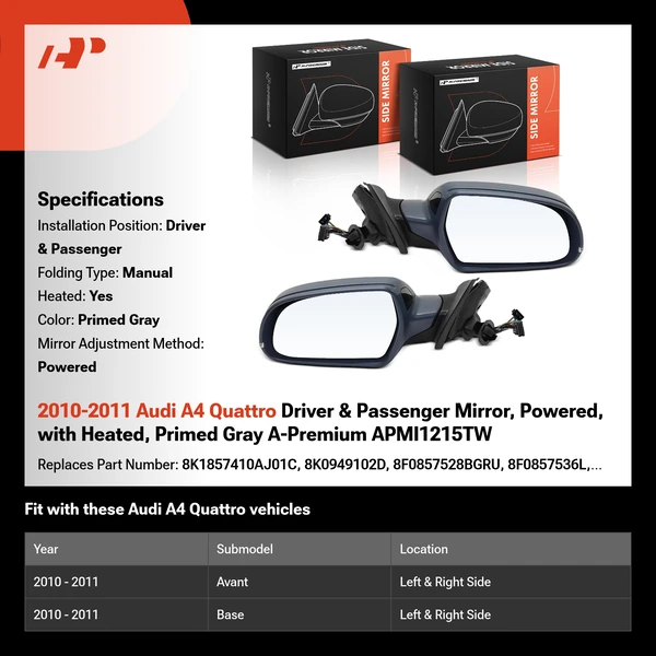 2010-2011 Audi A4 Quattro Driver & Passenger Mirror, Powered, with Heated, Primed Gray A-Premium APMI1215TW