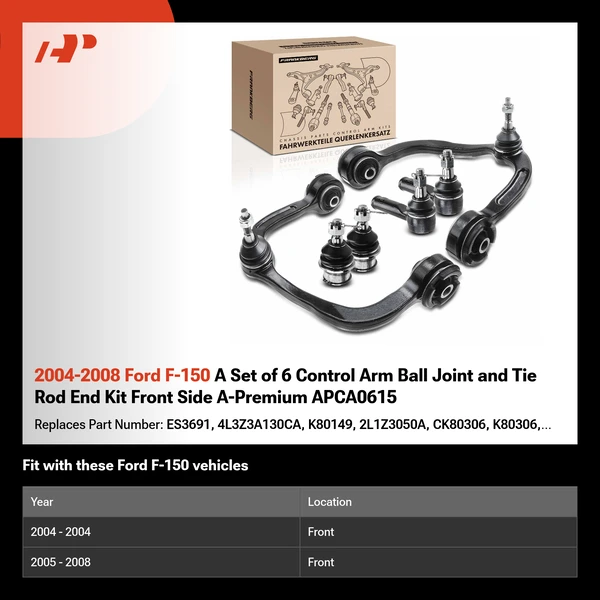 2004-2008 Ford F-150 A Set of 6 Control Arm Ball Joint and Tie Rod End Kit Front Side A-Premium APCA0615