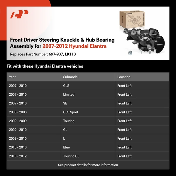 Front Driver Steering Knuckle & Hub Bearing Assembly for 2007-2012 Hyundai Elantra