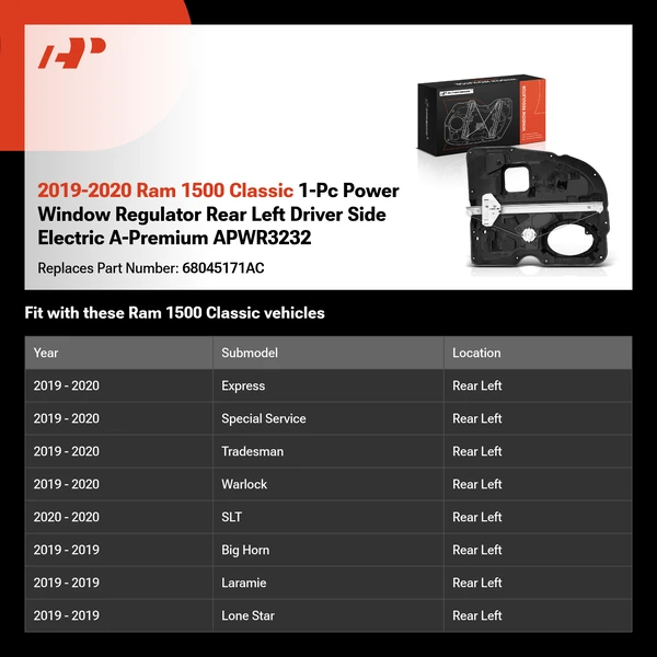 2019-2020 Ram 1500 Classic 1-Pc Power Window Regulator Rear Left Driver Side Electric A-Premium APWR3232