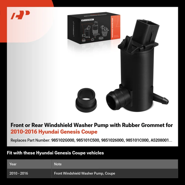 Front or Rear Windshield Washer Pump with Rubber Grommet for 2010-2016 Hyundai Genesis Coupe