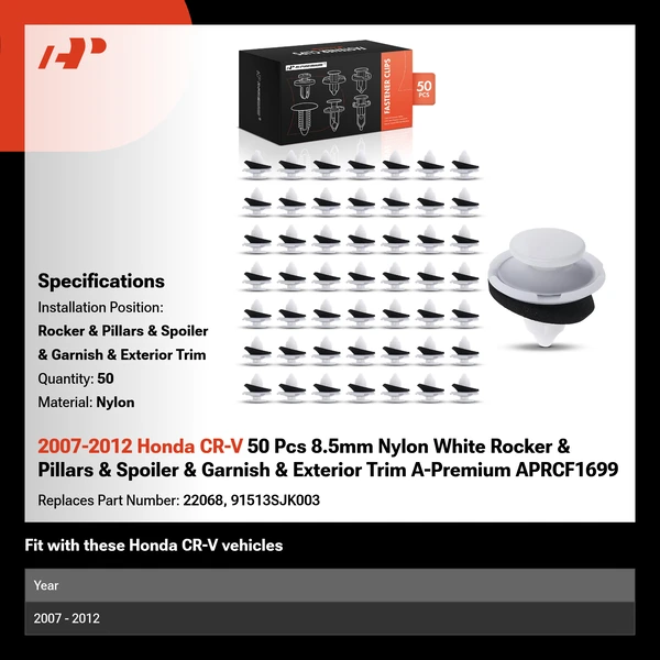 2007-2012 Honda CR-V 50 Pcs 8.5mm Nylon White Rocker & Pillars & Spoiler & Garnish & Exterior Trim A-Premium APRCF1699