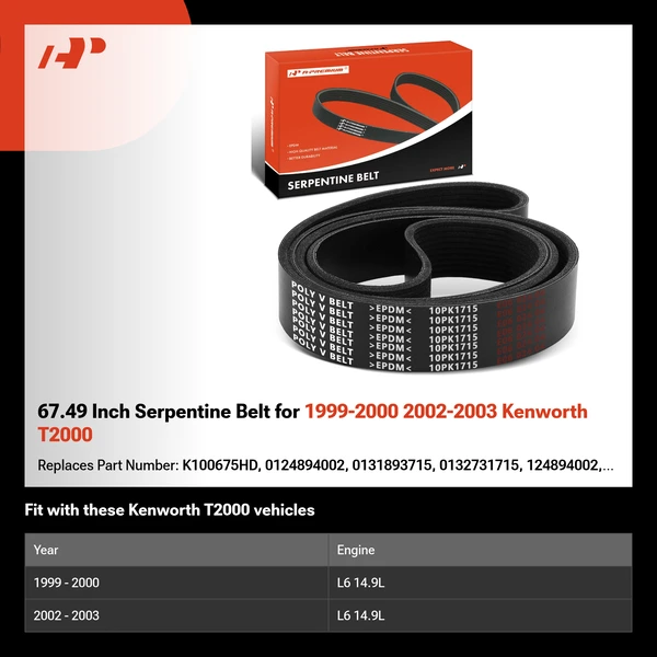 67.49 Inch Serpentine Belt for 1999-2000 2002-2003 Kenworth T2000