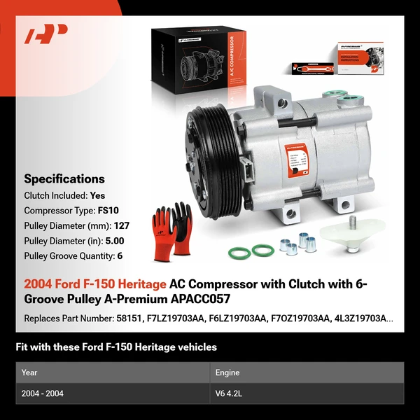2004 Ford F-150 Heritage AC Compressor with Clutch with 6-Groove Pulley A-Premium APACC057