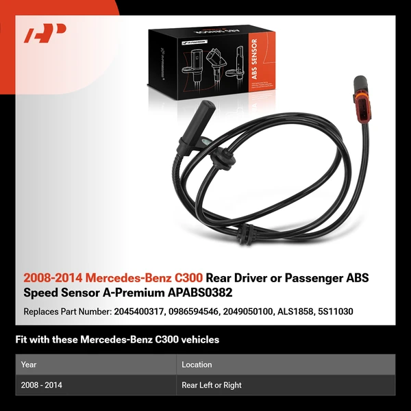 2008-2014 Mercedes-Benz C300 Rear Driver or Passenger ABS Speed Sensor A-Premium APABS0382