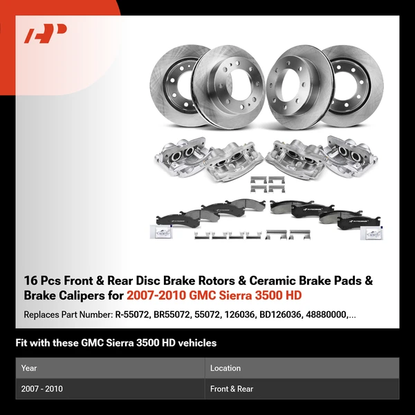 16 Pcs Front & Rear Disc Brake Rotors & Ceramic Brake Pads & Brake Calipers for 2007-2010 GMC Sierra 3500 HD