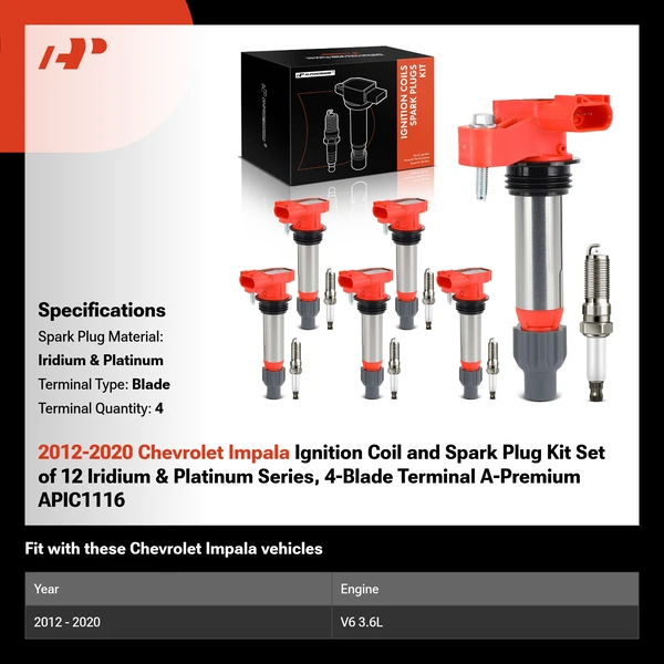 2012-2020 Chevrolet Impala Ignition Coil and Spark Plug Kit Set of 12 Iridium & Platinum Series, 4-Blade Terminal A-Premium APIC1116