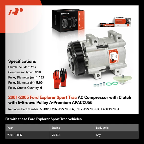 2001-2005 Ford Explorer Sport Trac AC Compressor with Clutch with 6-Groove Pulley A-Premium APACC056