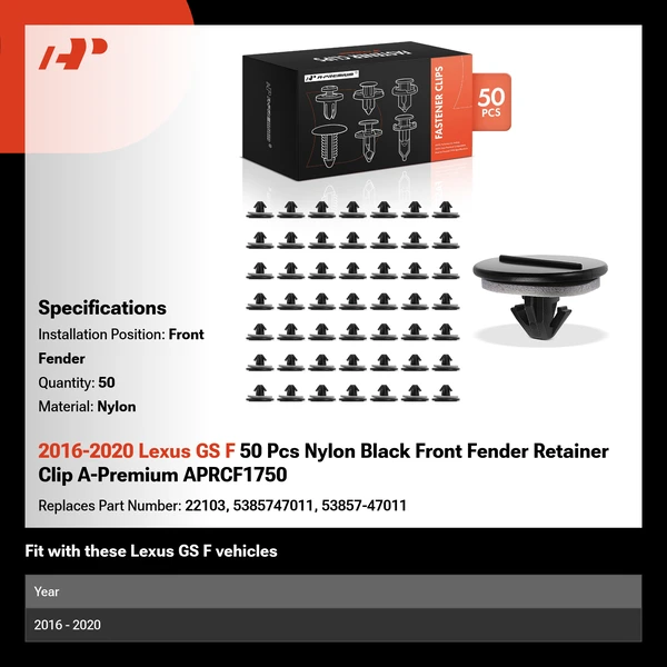 2016-2020 Lexus GS F 50 Pcs Nylon Black Front Fender Retainer Clip A-Premium APRCF1750