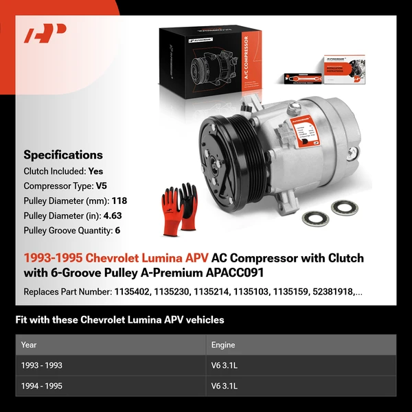 1993-1995 Chevrolet Lumina APV AC Compressor with Clutch with 6-Groove Pulley A-Premium APACC091