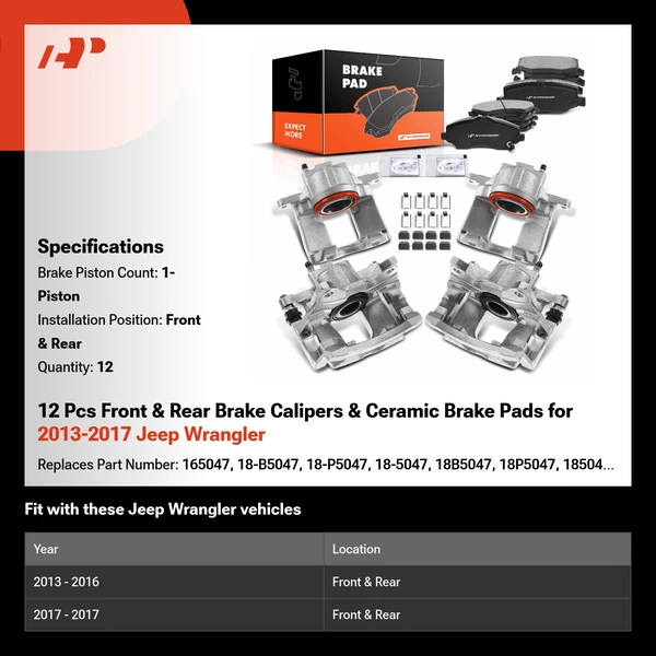 12 Pcs Front & Rear Brake Calipers & Ceramic Brake Pads for 2013-2017 Jeep Wrangler