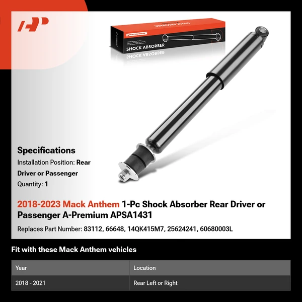 2018-2023 Mack Anthem 1-Pc Shock Absorber Rear Driver or Passenger A-Premium APSA1431