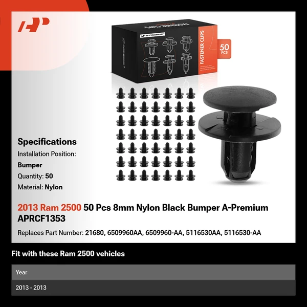 2013 Ram 2500 50 Pcs 8mm Nylon Black Bumper A-Premium APRCF1353