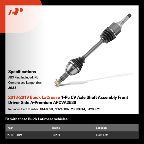 2018-2019 Buick LaCrosse 1-Pc CV Axle Shaft Assembly Front Driver Side A-Premium APCVA2680