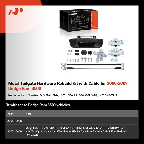 Metal Tailgate Hardware Rebuild Kit with Cable for 2006-2009 Dodge Ram 3500