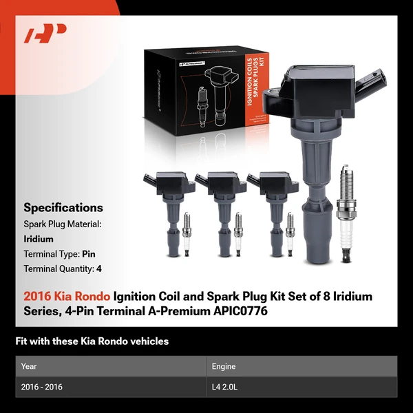 2016 Kia Rondo Ignition Coil and Spark Plug Kit Set of 8 Iridium Series, 4-Pin Terminal A-Premium APIC0776