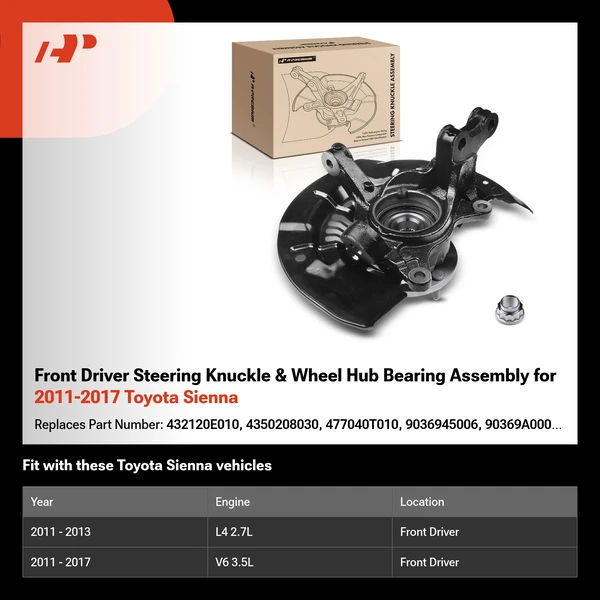 Front Driver Steering Knuckle & Wheel Hub Bearing Assembly for 2011-2017 Toyota Sienna