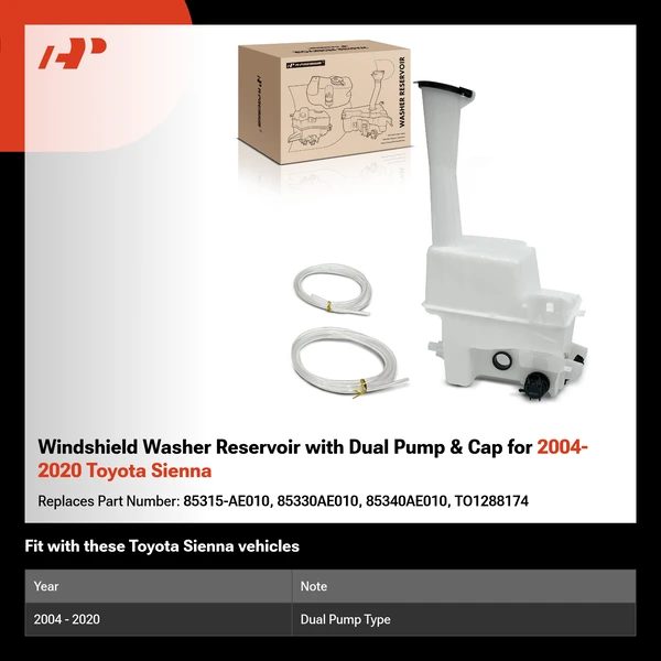 Windshield Washer Reservoir with Dual Pump & Cap for 2004-2020 Toyota Sienna