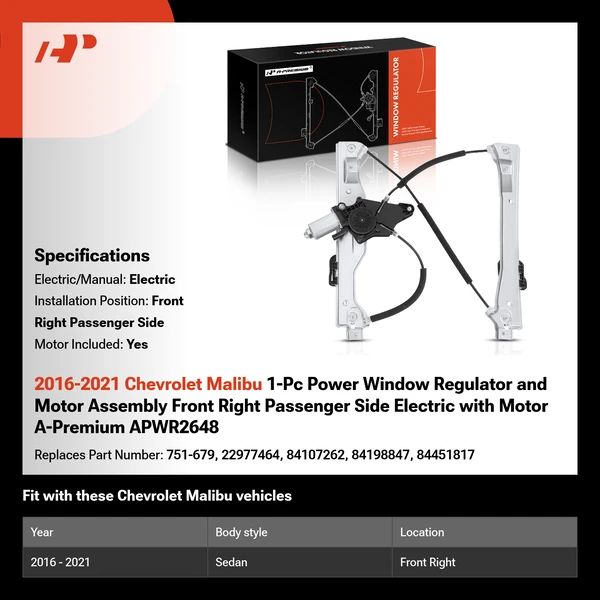 2016-2021 Chevrolet Malibu 1-Pc Power Window Regulator and Motor Assembly Front Right Passenger Side Electric with Motor A-Premium APWR2648