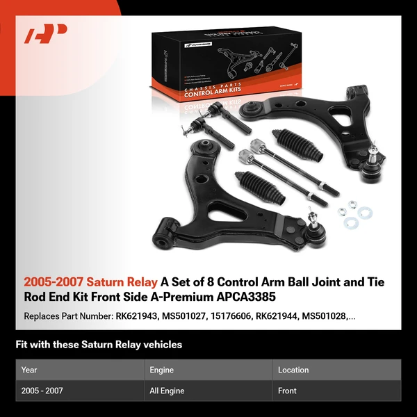2005-2007 Saturn Relay A Set of 8 Control Arm Ball Joint and Tie Rod End Kit Front Side A-Premium APCA3385