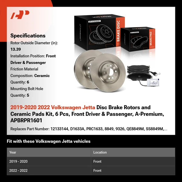 2019-2020 2022 Volkswagen Jetta Disc Brake Rotors and Ceramic Pads Kit, 6 Pcs, Front Driver & Passenger, A-Premium, APBRPR1601