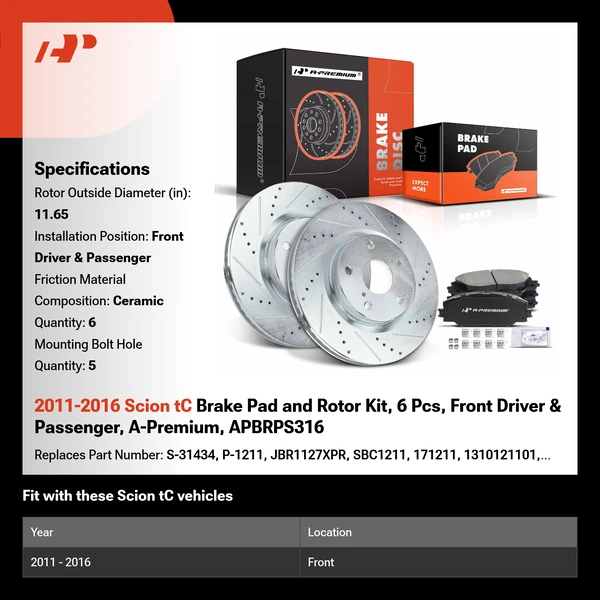 2011-2016 Scion tC Brake Pad and Rotor Kit, 6 Pcs, Front Driver & Passenger, A-Premium, APBRPS316