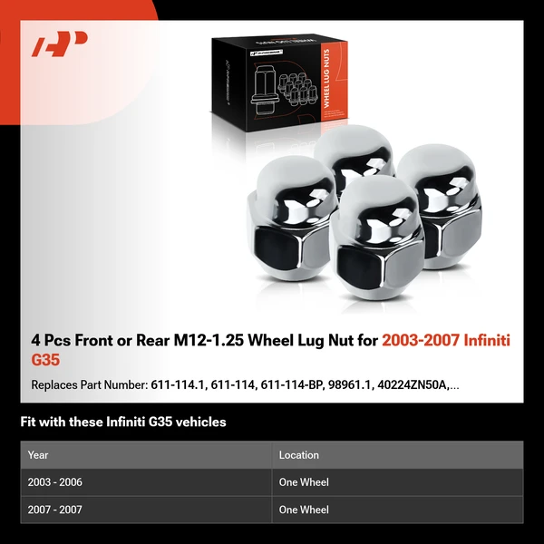 4 Pcs Front or Rear M12-1.25 Wheel Lug Nut for 2003-2007 Infiniti G35