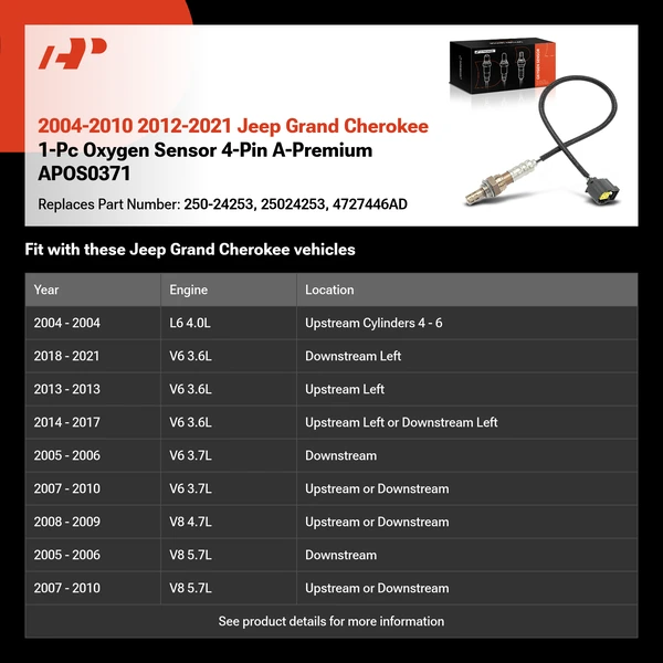 2004-2010 2012-2021 Jeep Grand Cherokee 1-Pc Oxygen Sensor 4-Pin A-Premium APOS0371