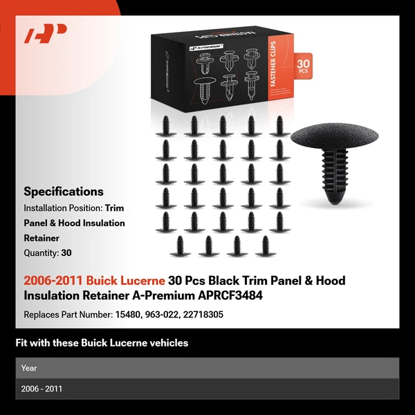 2006-2011 Buick Lucerne 30 Pcs Black Trim Panel & Hood Insulation Retainer A-Premium APRCF3484