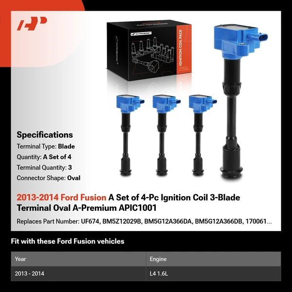 2013-2014 Ford Fusion A Set of 4-Pc Ignition Coil 3-Blade Terminal Oval A-Premium APIC1001