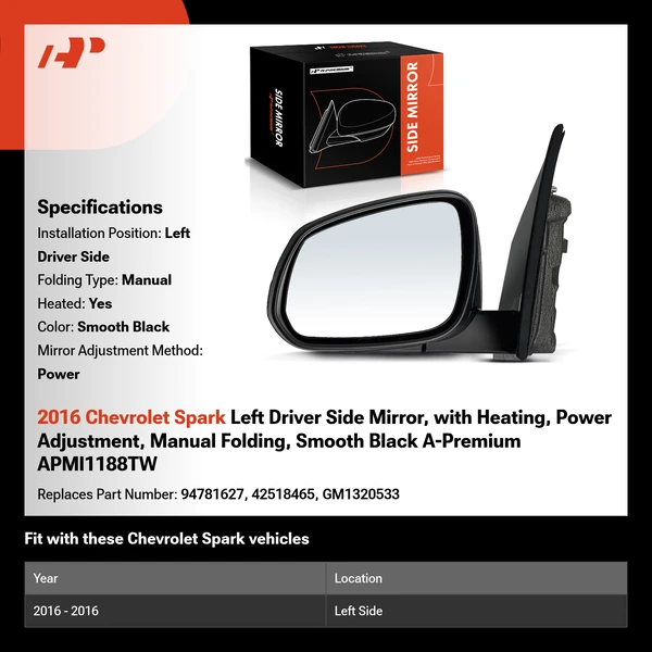 2016 Chevrolet Spark Left Driver Side Mirror, with Heating, Power Adjustment, Manual Folding, Smooth Black A-Premium APMI1188TW
