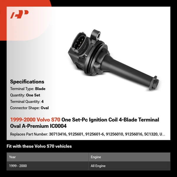 1999-2000 Volvo S70 One Set-Pc Ignition Coil 4-Blade Terminal Oval A-Premium IC0004