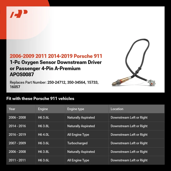 2006-2009 2011 2014-2019 Porsche 911 1-Pc Oxygen Sensor Downstream Driver or Passenger 4-Pin A-Premium APOS0087
