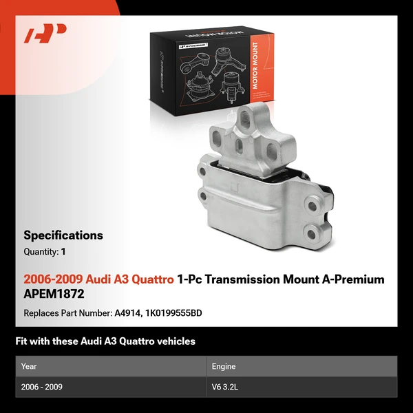 2006-2009 Audi A3 Quattro 1-Pc Transmission Mount A-Premium APEM1872