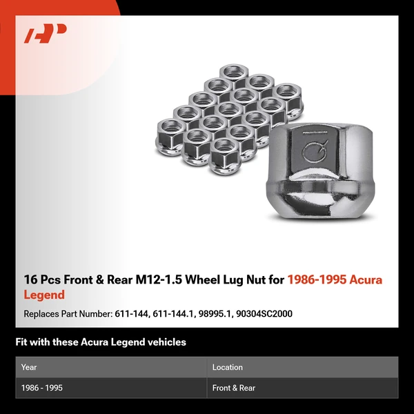 16 Pcs Front & Rear M12-1.5 Wheel Lug Nut for 1986-1995 Acura Legend