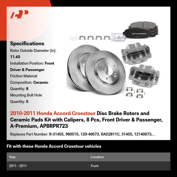 2010-2011 Honda Accord Crosstour Disc Brake Rotors and Ceramic Pads Kit with Calipers, 8 Pcs, Front Driver & Passenger, A-Premium, APBRPR723