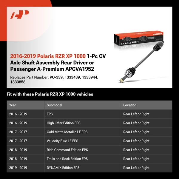 2016-2019 Polaris RZR XP 1000 1-Pc CV Axle Shaft Assembly Rear Driver or Passenger A-Premium APCVA1952