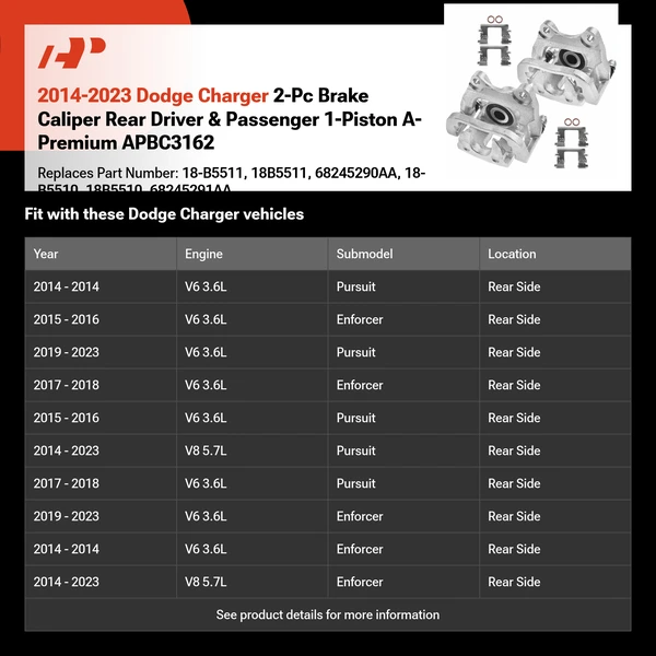 2014-2023 Dodge Charger 2-Pc Brake Caliper Rear Driver & Passenger 1-Piston A-Premium APBC3162