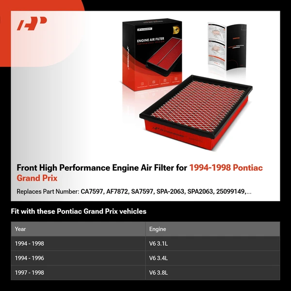 Front High Performance Engine Air Filter for 1994-1998 Pontiac Grand Prix
