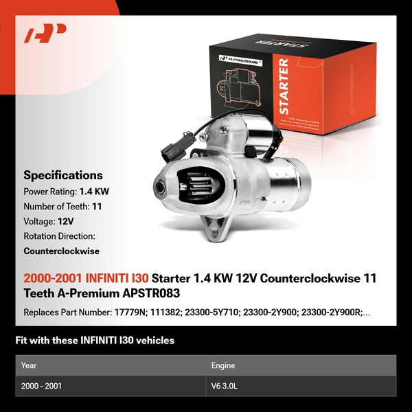 2000-2001 INFINITI I30 Starter 1.4 KW 12V Counterclockwise 11 Teeth A-Premium APSTR083