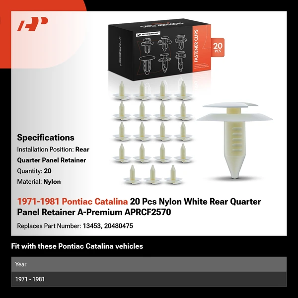 1971-1981 Pontiac Catalina 20 Pcs Nylon White Rear Quarter Panel Retainer A-Premium APRCF2570