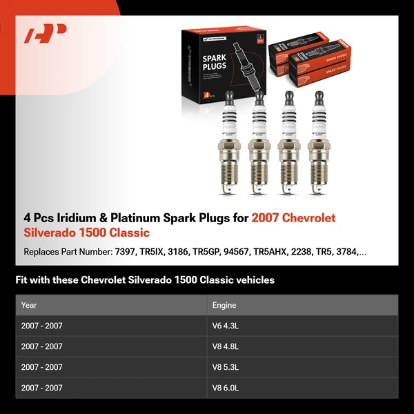 4 Pcs Iridium & Platinum Spark Plugs for 2007 Chevrolet Silverado 1500 Classic